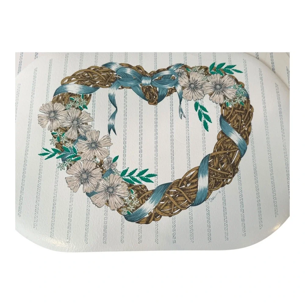 Vintage 1980s Set of 4 Heart Wreath Floral Vinyl Placemats Table Decor